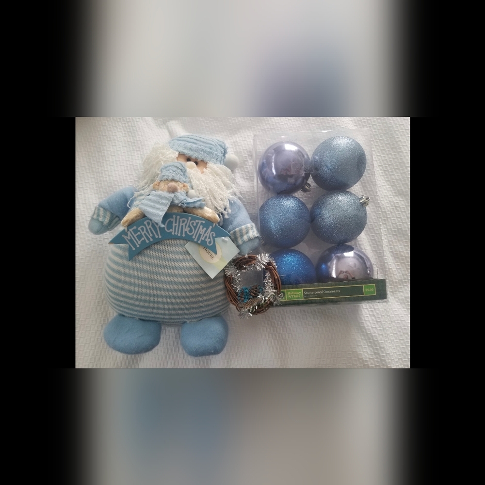 Blue Christmas Santa and Ornament Set